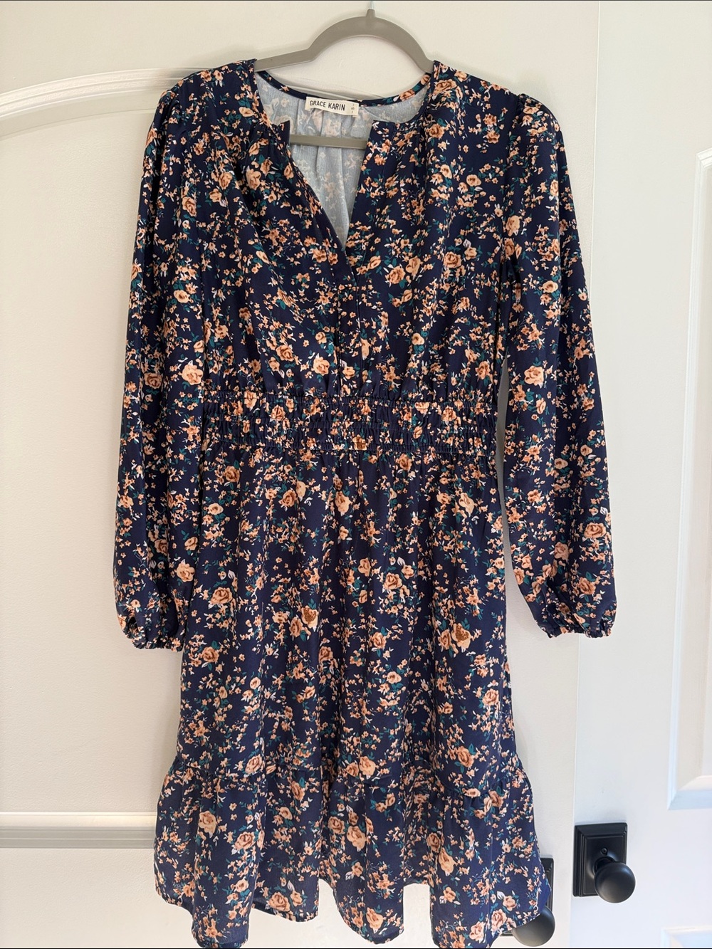 Grace Karin Navy Floral Long-Sleeve V-Neck Dress with Peach Blooms